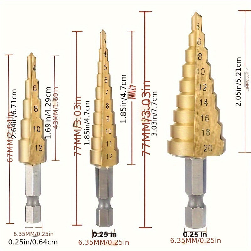 3pcs Titanium Coated High Speed Steel Step Drill Set for Wood Metal