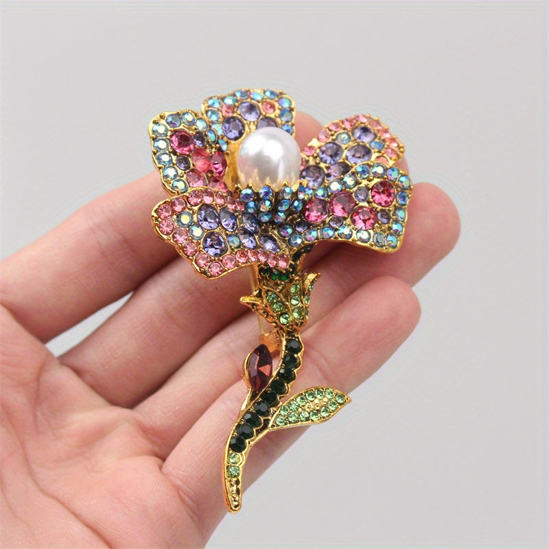 Vintage-Inspired Rhinestone Flower Brooch Pin with Enamel and Faux Pearl Accents for Dresses and Sweaters