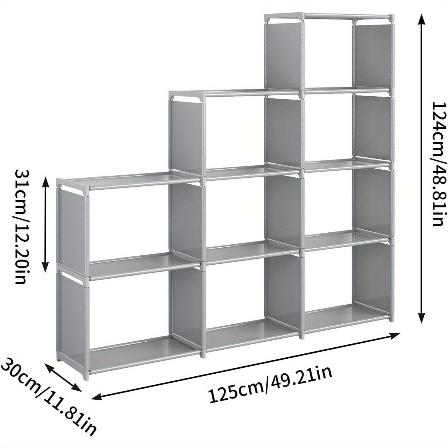 9-Compartment Waterproof Metal Bookcase with Reinforced Steel Tubes in Grey
