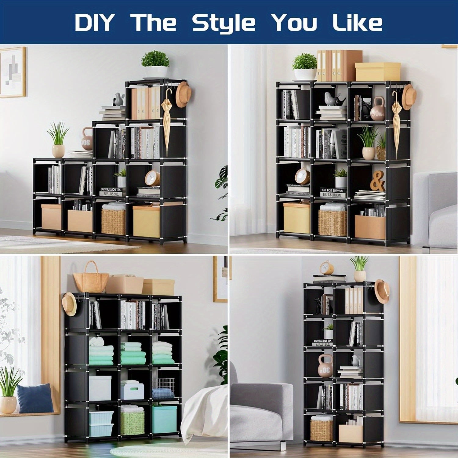 12 Cube Metal Storage Organizer Bookshelf for Bedroom Living Room Office Black