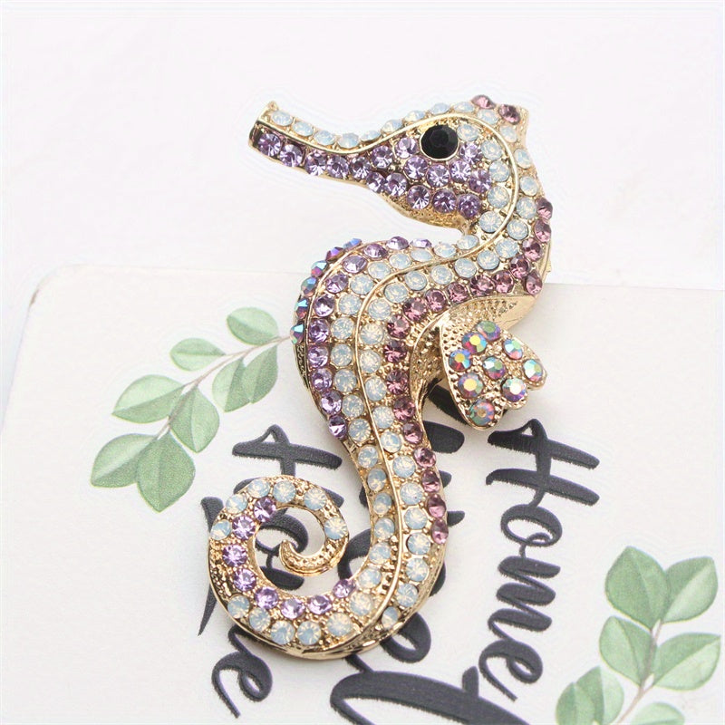 Seahorse Brooch Pin Enamel Animal Shaped Jewelry with Rhinestones for Clothing