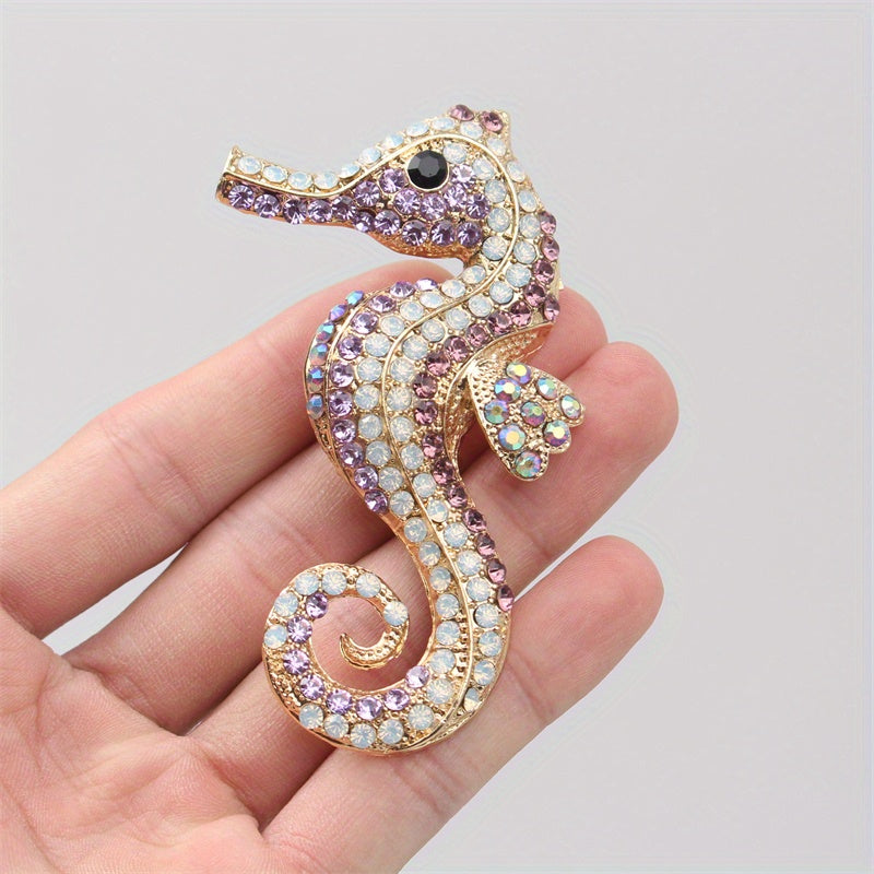 Seahorse Brooch Pin Enamel Animal Shaped Jewelry with Rhinestones for Clothing