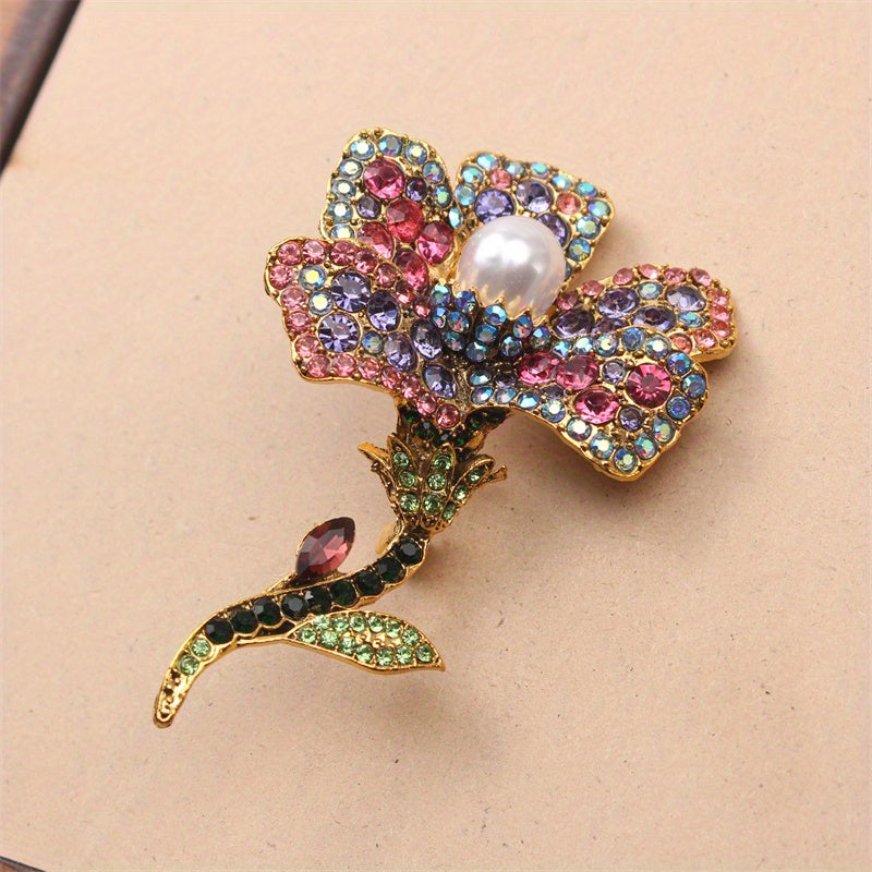 Vintage-Inspired Rhinestone Flower Brooch Pin with Enamel and Faux Pearl Accents for Dresses and Sweaters