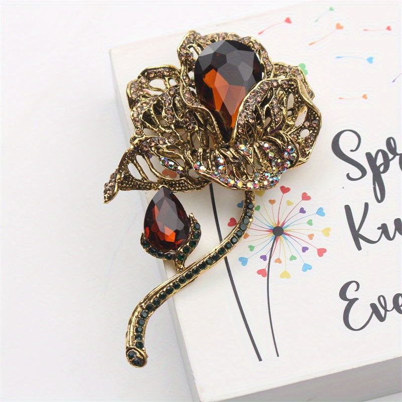 Antique Female Lotus Brooch with Large Retro Flower Rhinestones