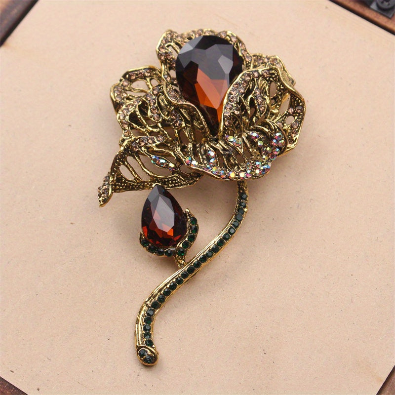 Antique Female Lotus Brooch with Large Retro Flower Rhinestones