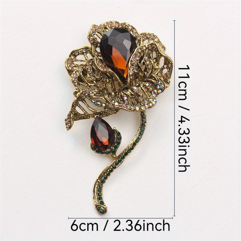 Broche antiguo de mujer con loto y grandes rhinestones de flor retro