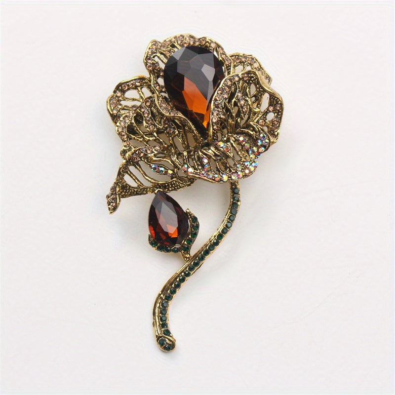 Broche antiguo de mujer con loto y grandes rhinestones de flor retro