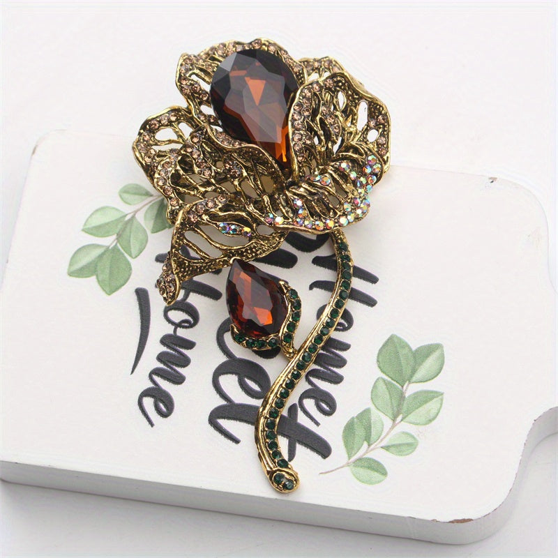 Broche antiguo de mujer con loto y grandes rhinestones de flor retro