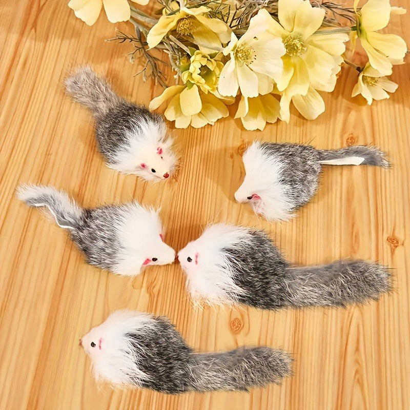 5-Piece Cat Toy Set Interactive Plush Toys with Long-Haired Plastic Mice and Rabbit Skin Mouse