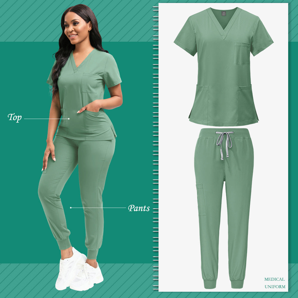 Women's Polyester Scrubs Fitted Nurse Uniform with Patch Pocket for Medical, Spa, Veterinary