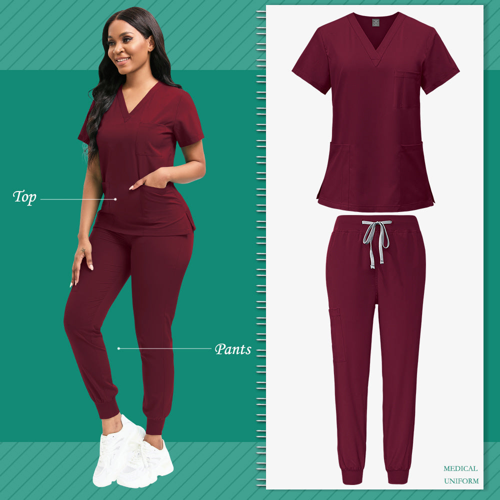 Women's Polyester Scrubs Fitted Nurse Uniform with Patch Pocket for Medical, Spa, Veterinary