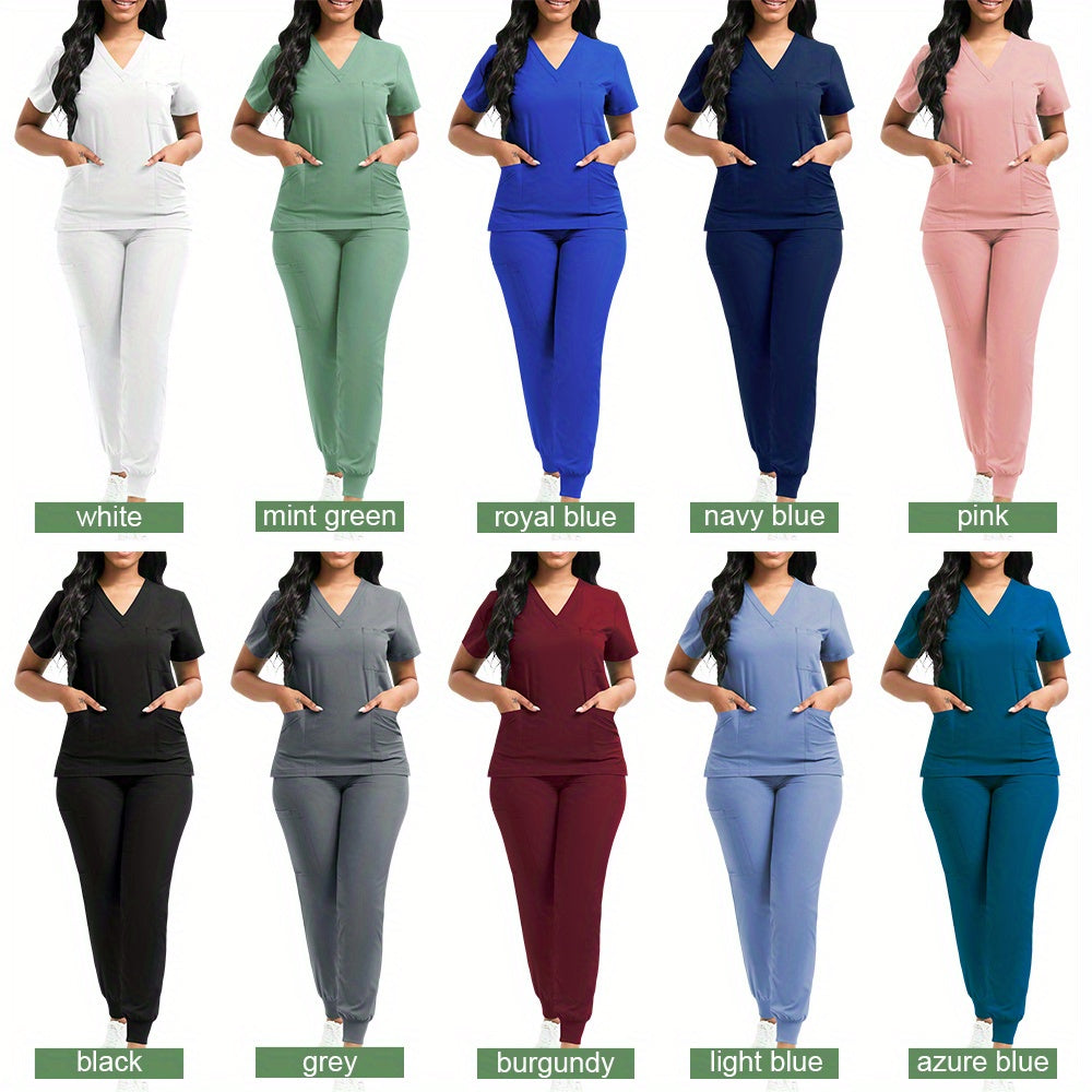 Women's Polyester Scrubs Fitted Nurse Uniform with Patch Pocket for Medical, Spa, Veterinary