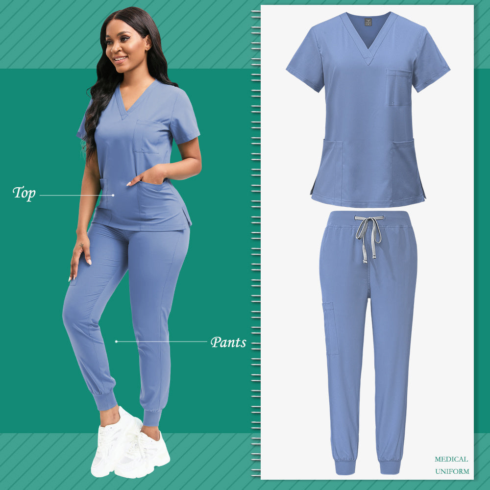 Women's Polyester Scrubs Fitted Nurse Uniform with Patch Pocket for Medical, Spa, Veterinary