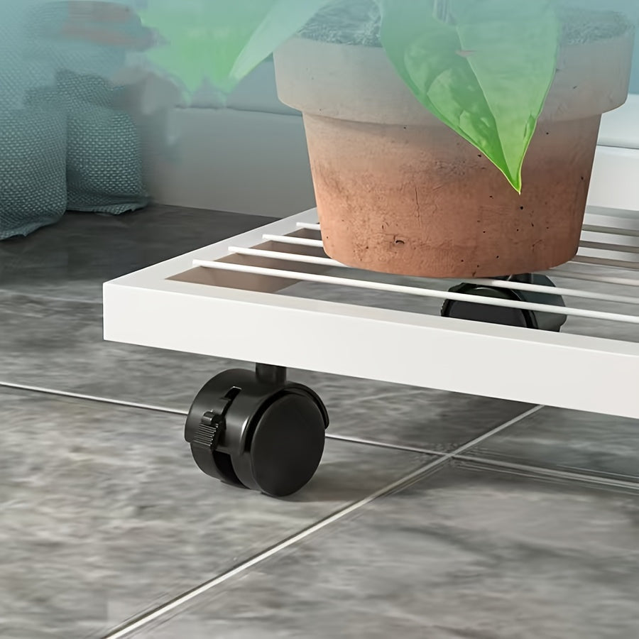 Modern Iron Plant Stand with Wheels Indoor Outdoor Checkered Grid Pattern Lightweight