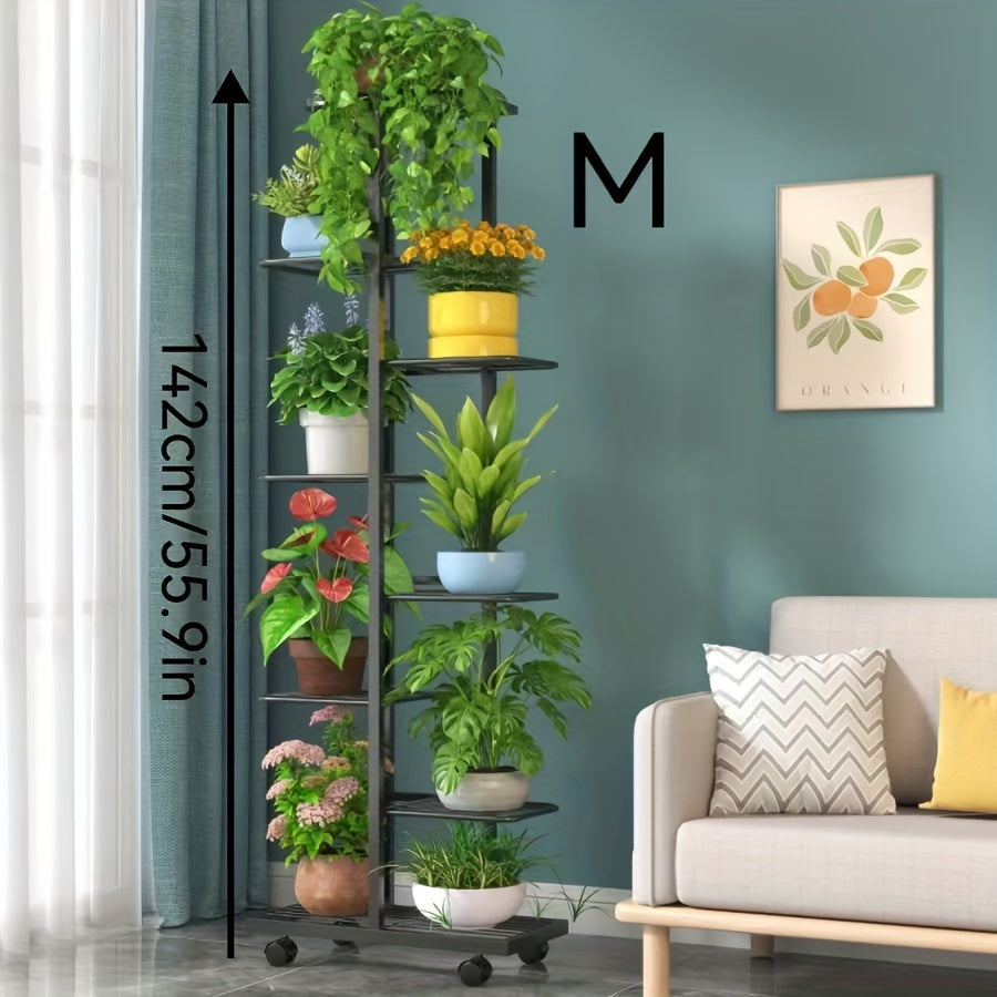 Modern Iron Plant Stand with Wheels Indoor Outdoor Checkered Grid Pattern Lightweight