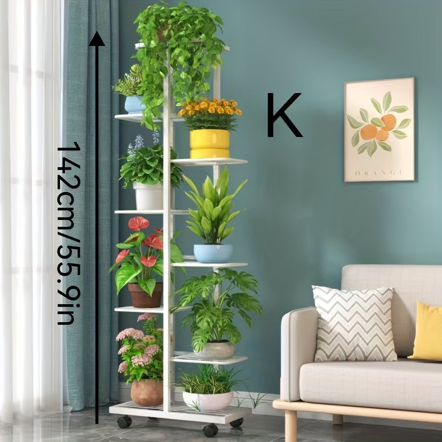 Modern Iron Plant Stand with Wheels Indoor Outdoor Checkered Grid Pattern Lightweight