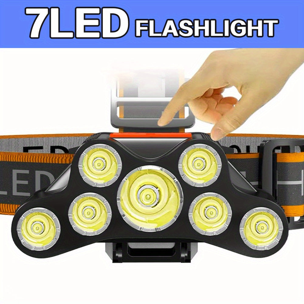 7LED Headlamp with Adjustable Angle USB Rechargeable Flashlight for Hiking Running Emergency and Stage Lighting