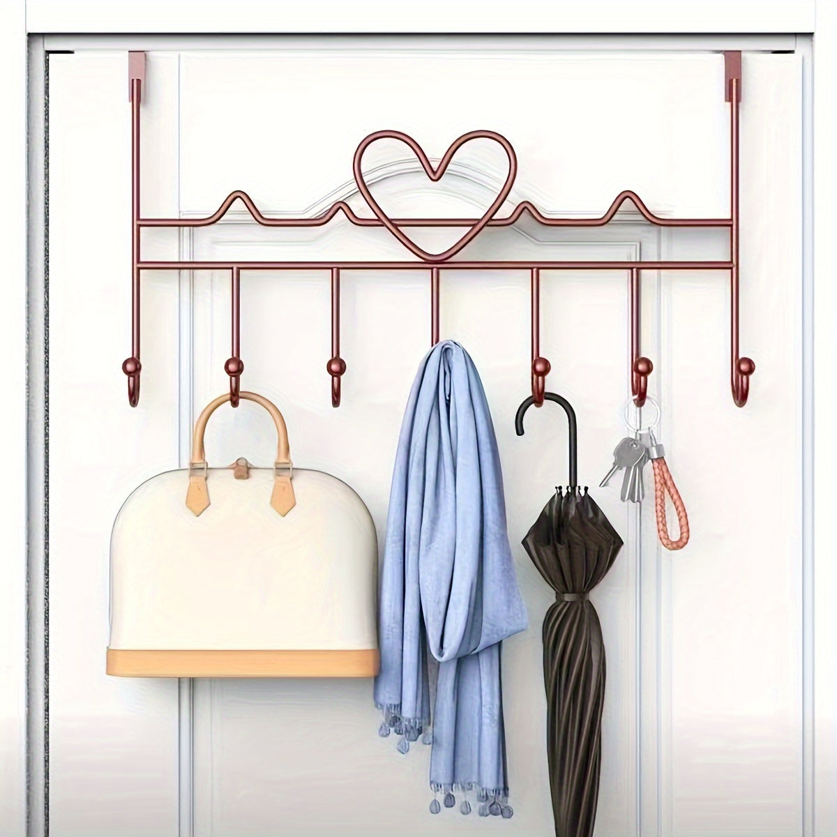 Metal Door Hook Rack with Heart Design for Coats Towels and Bags Black
