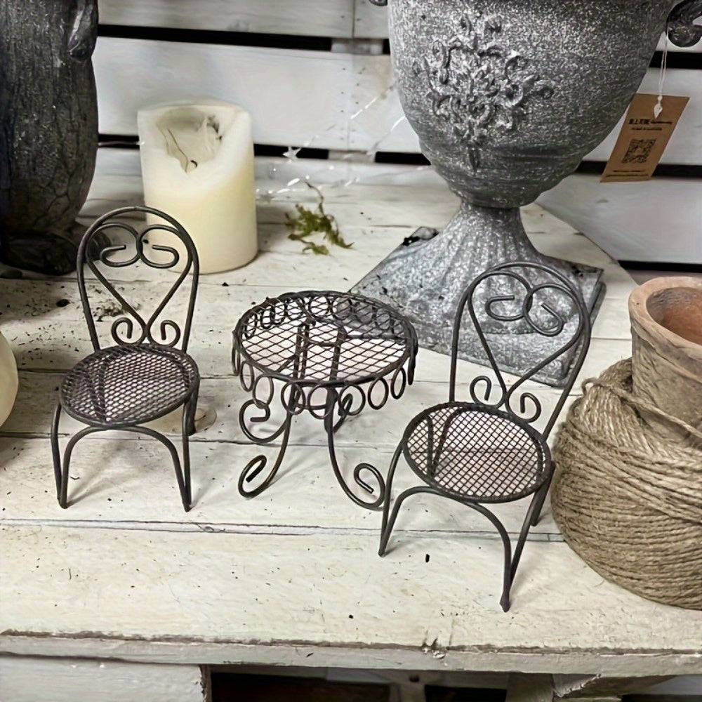 Miniature Metal Garden Decor Set Waterproof Iron Rocking Chairs Table Figurines for Home and Garden