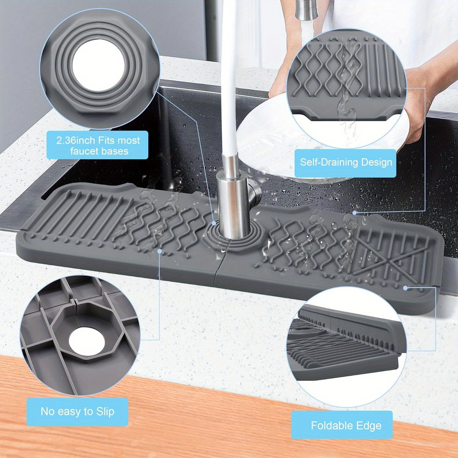 Silicone Sink Mat Non-Slip Anti-Splash Foldable Edge Water Draining 12.95cm