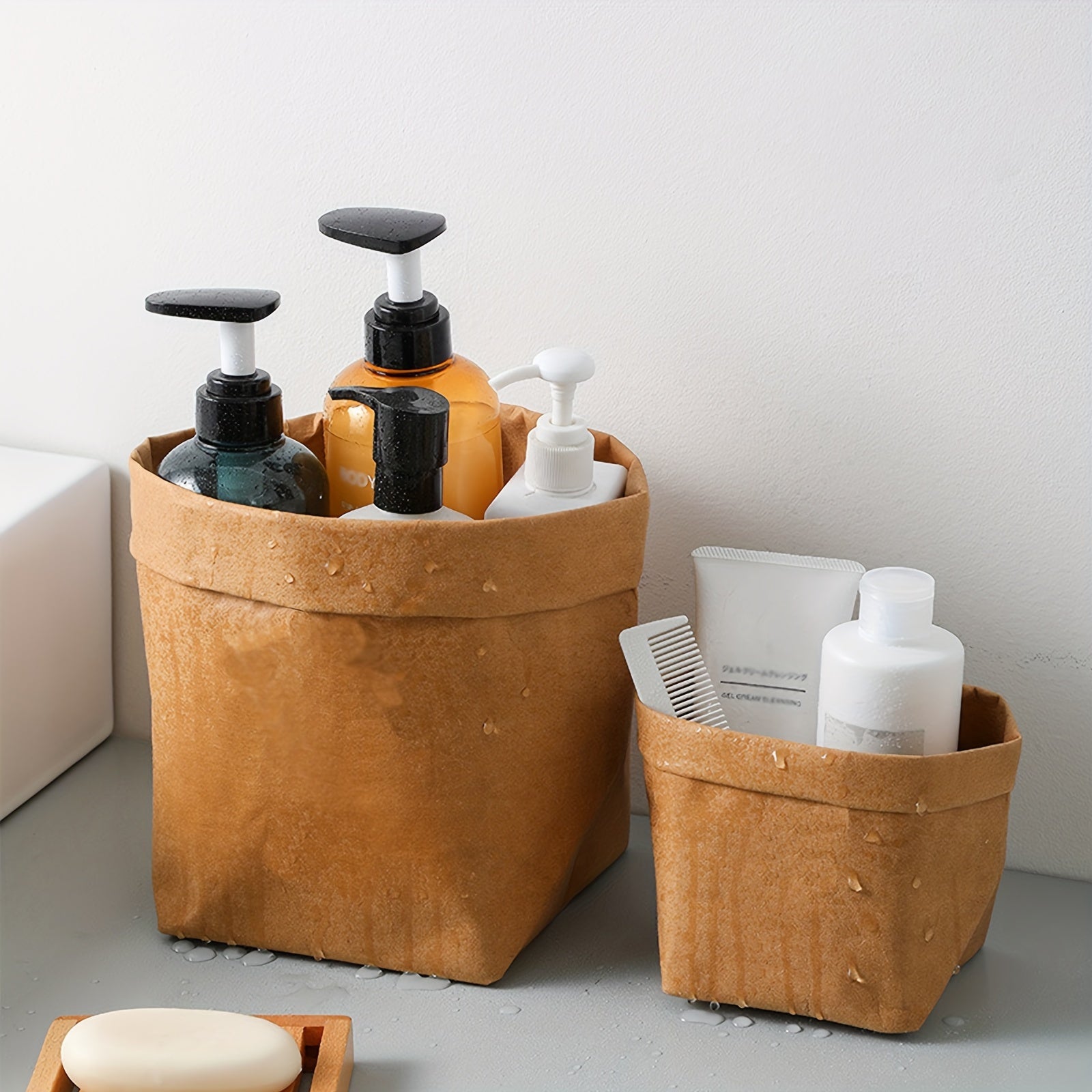 Multipurpose Washable Kraft Paper Storage Bag Eco-Friendly Foldable Organizer for Kitchen and Bathroom