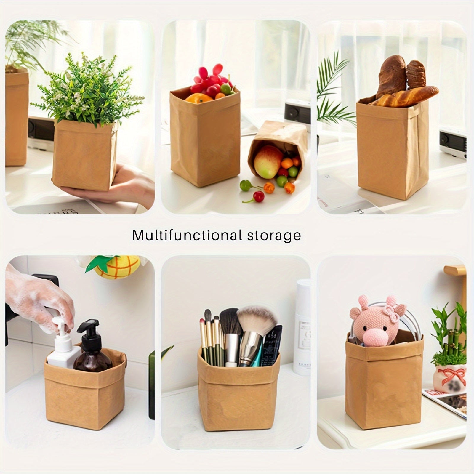 Multipurpose Washable Kraft Paper Storage Bag Eco-Friendly Foldable Organizer for Kitchen and Bathroom