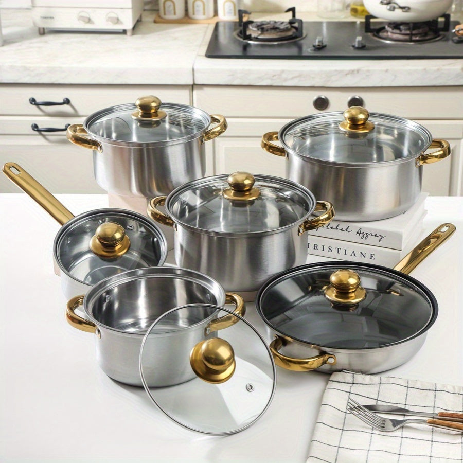 12-Piece Stainless Steel Cookware Set Non-Stick Gold Handles for Gas and Induction