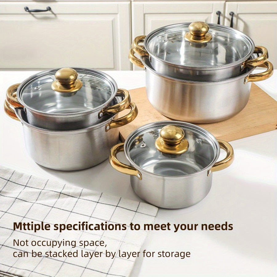 12 dona zanglamas po'latdan yasalgan idish-to'plar to'plami, yopishqoq qoplama, nafis oltin qoplamali tutqichlar, gaz va induksion plitalar uchun mos, sho'rva qozonlari, qovurish panalari va sut qozonlari bilan birga keladi.