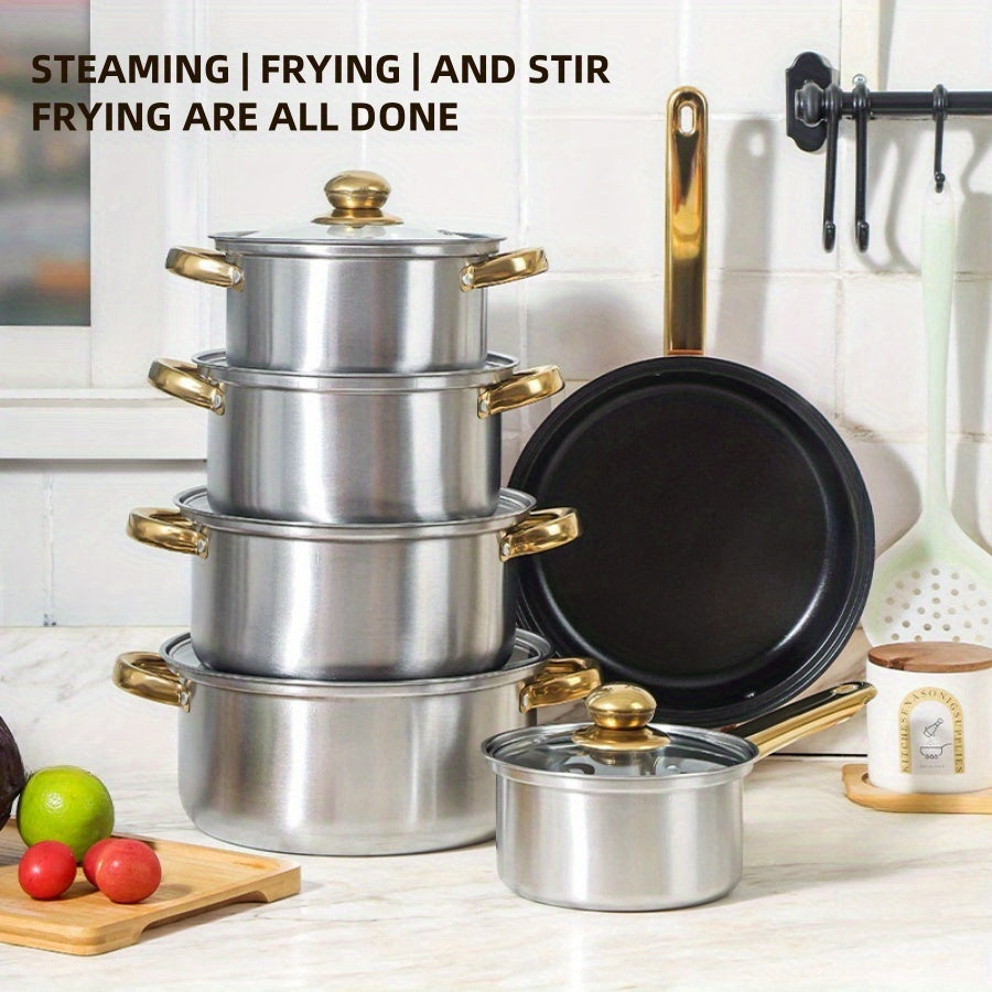 12-Piece Stainless Steel Cookware Set Non-Stick Gold Handles for Gas and Induction