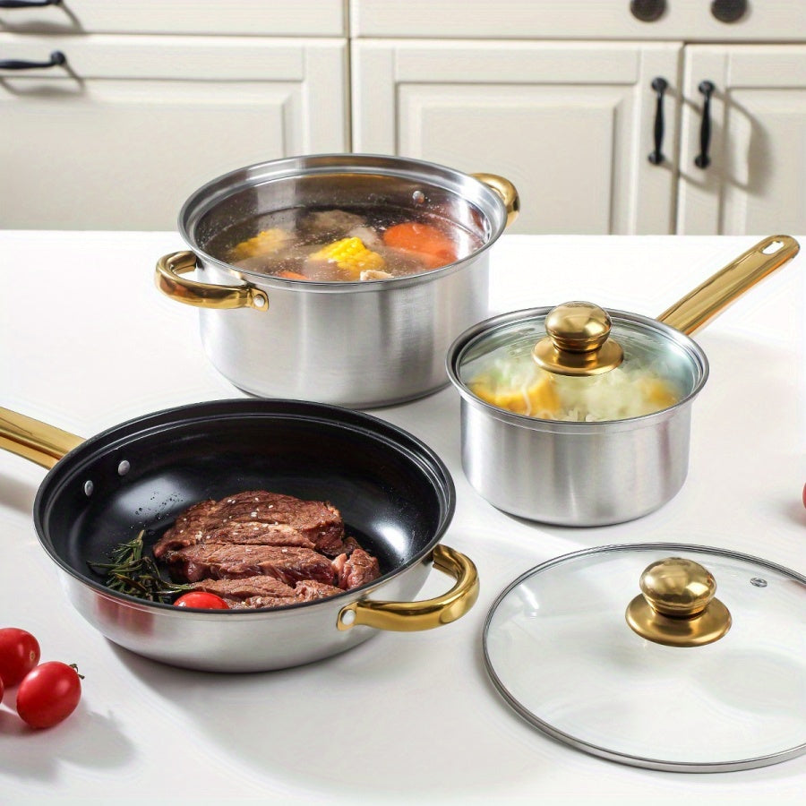 12-Piece Stainless Steel Cookware Set Non-Stick Gold Handles for Gas and Induction