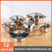12-Piece Stainless Steel Cookware Set with Golden Handles for Kitchen and Restaurant