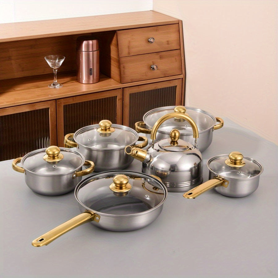 12-Piece Stainless Steel Cookware Set with Golden Handles for Kitchen and Restaurant