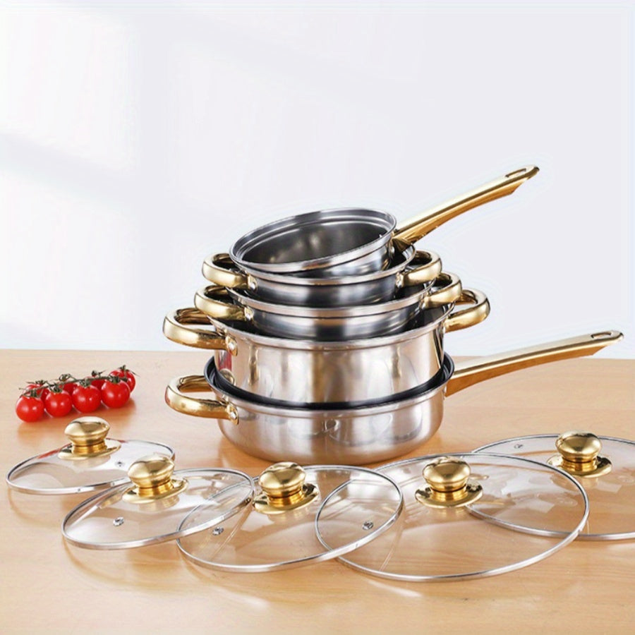 12-Piece Stainless Steel Cookware Set with Golden Handles for Kitchen and Restaurant