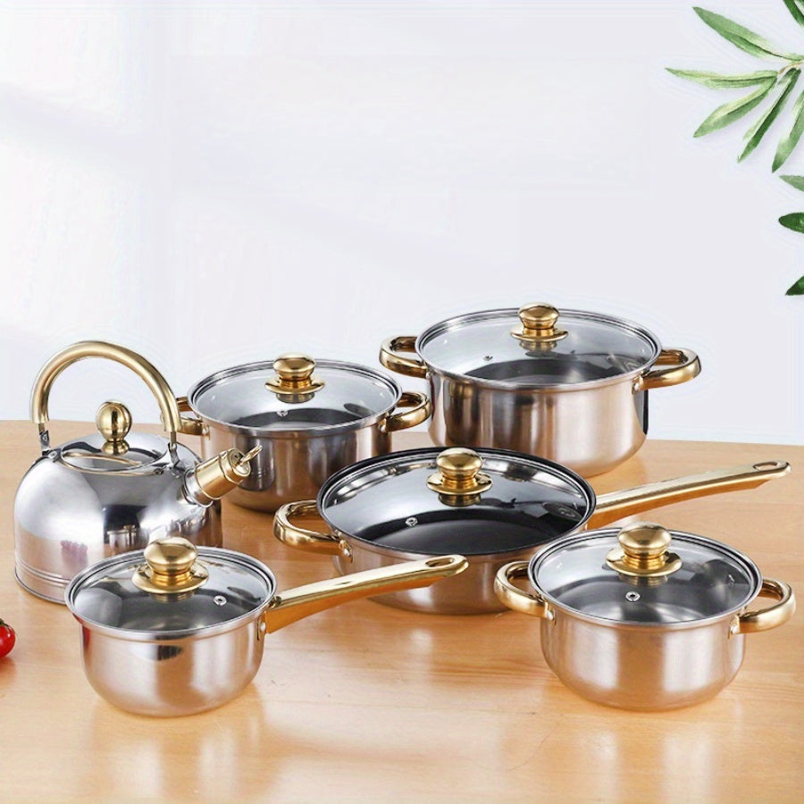 12-Piece Stainless Steel Cookware Set with Golden Handles for Kitchen and Restaurant