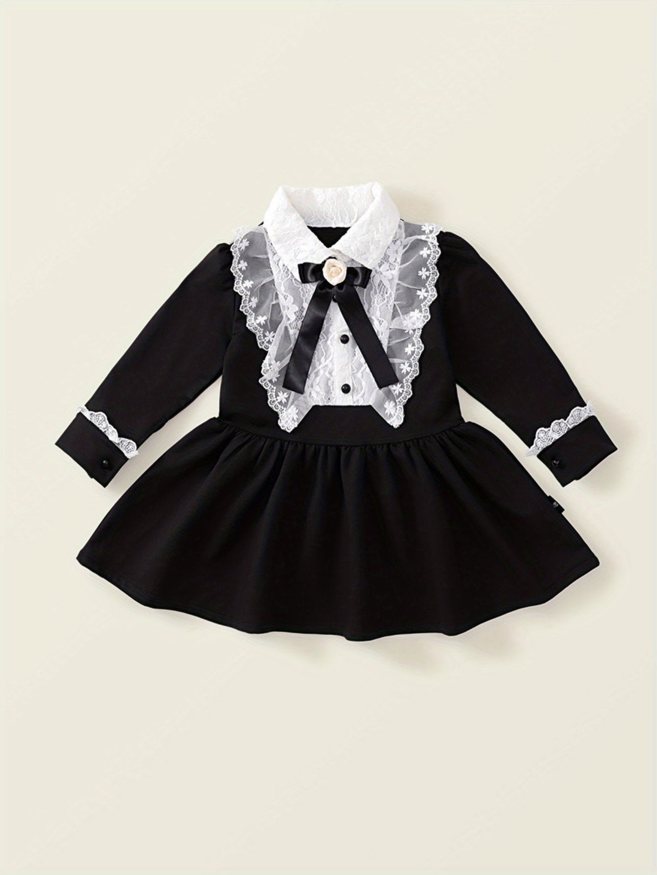 Qizlar uchun uzun yengli va dantel kamari bilan bezatilgan, vintage uslubidagi shohzoda ko'ylagi, kuz/qish uchun ideal, polyesterdan tayyorlangan.