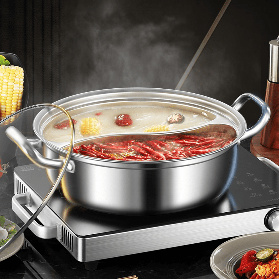 12.6-inch Stainless Steel Hot Pot with Dual Compartments Induction Compatible Chinese Style Split Flavor