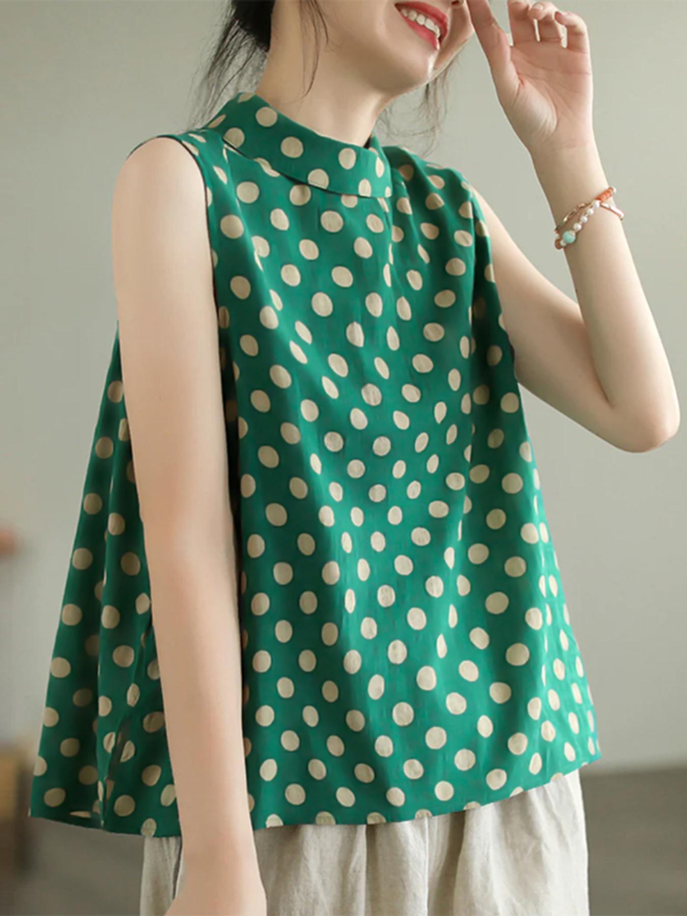 Plus Size Polka Dot Sleeveless Rayon Blend A-Line Tank Top for Summer Casual