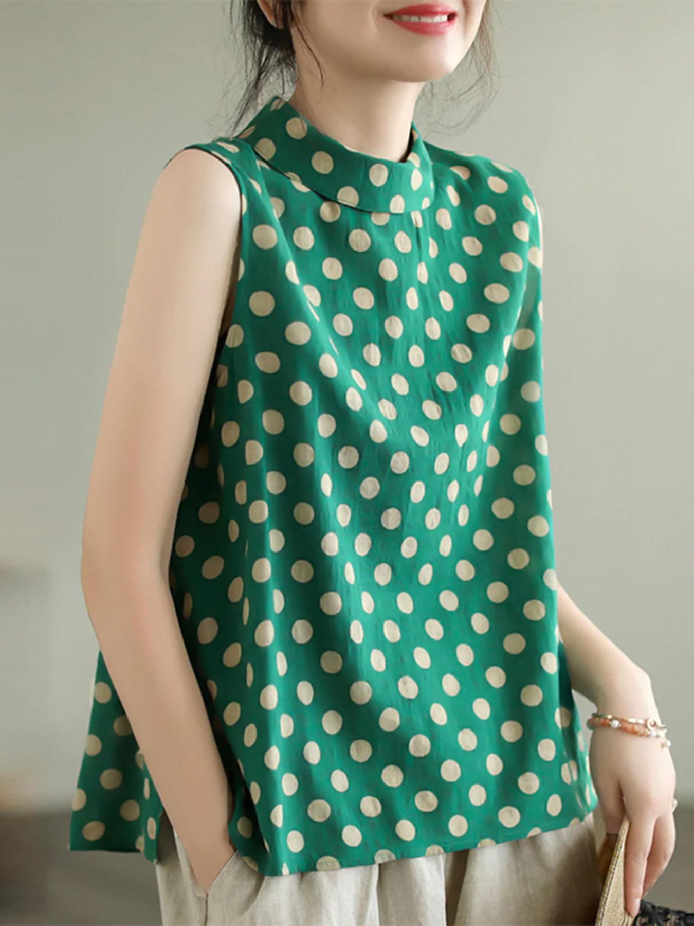 Plus Size Polka Dot Sleeveless Rayon Blend A-Line Tank Top for Summer Casual