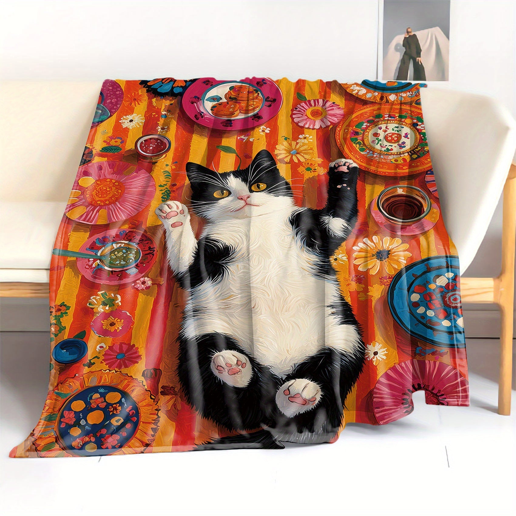 Black and White Cat Print Flannel Throw Blanket Polyester Mid-Century Modern All-Season