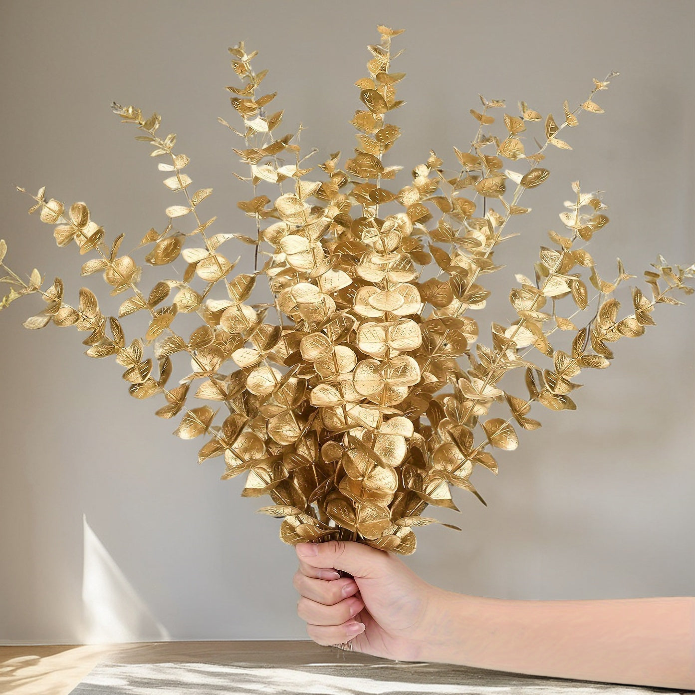 10-Piece Artificial Golden Eucalyptus Stems for Home and Wedding Decor Vase Fillers Tabletop Accents