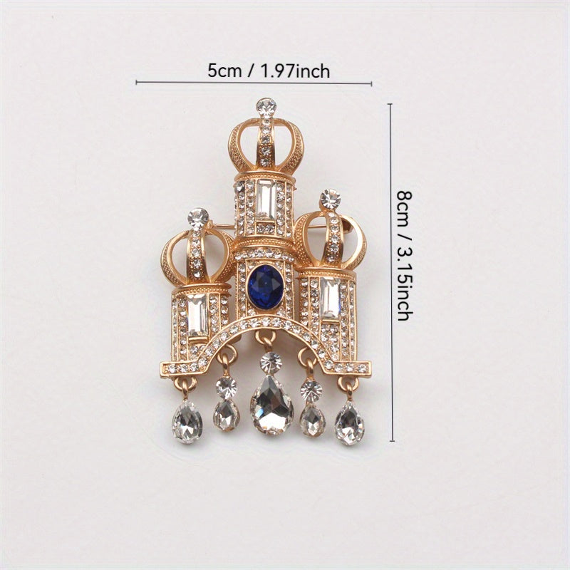 Vintage Rhinestone Castle Brooch with Tassels for Women Stylish Jacket Pin
