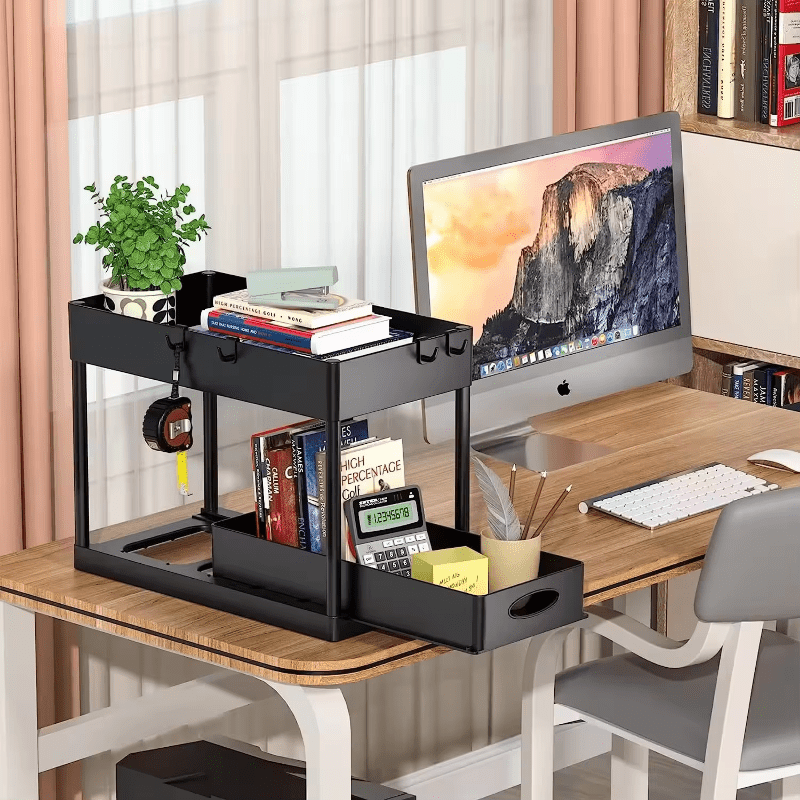 2-Tier Metal Rolling Storage Cart with Pull-Out Shelf for Kitchen Bathroom Use