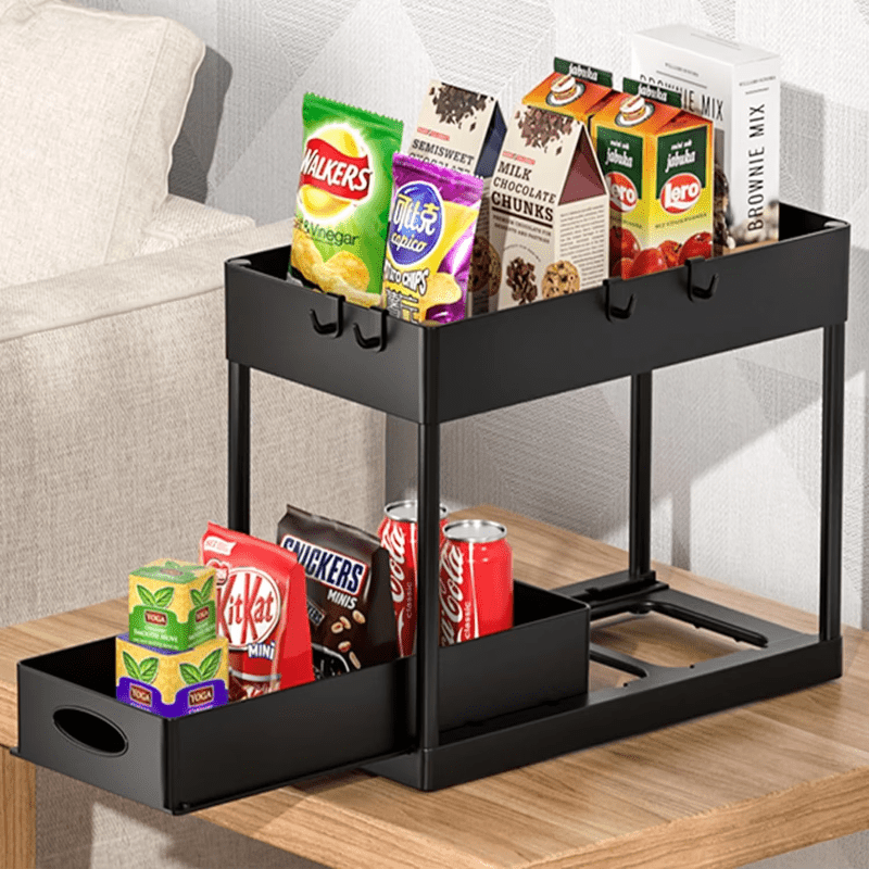 2-Tier Metal Rolling Storage Cart with Pull-Out Shelf for Kitchen Bathroom Use