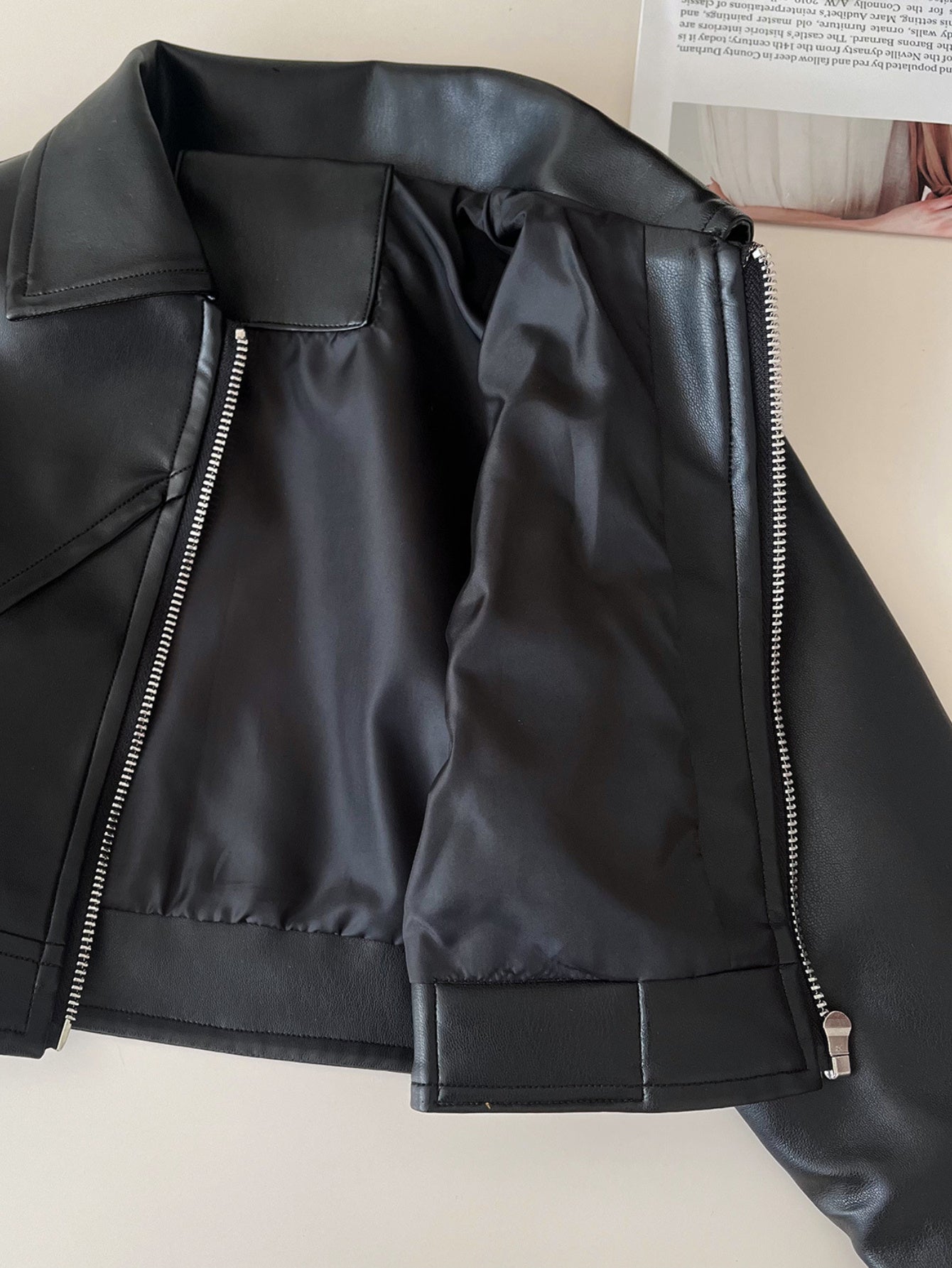 Kids' Girls' Faux Leather Jacket and Pleated Skirt Set for Spring Fall Solid Color Non-Stretch Woven