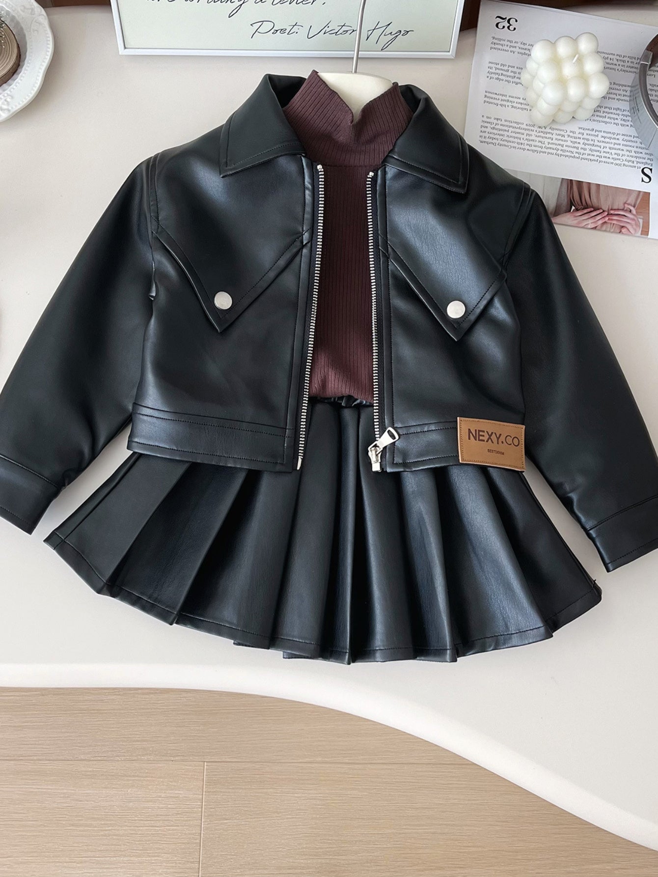 Kids' Girls' Faux Leather Jacket and Pleated Skirt Set for Spring Fall Solid Color Non-Stretch Woven