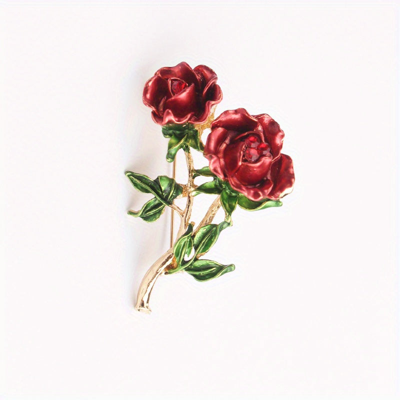Retro Rose Brooch with Rhinestones and Enamel, Elegant Jewelry Accessory