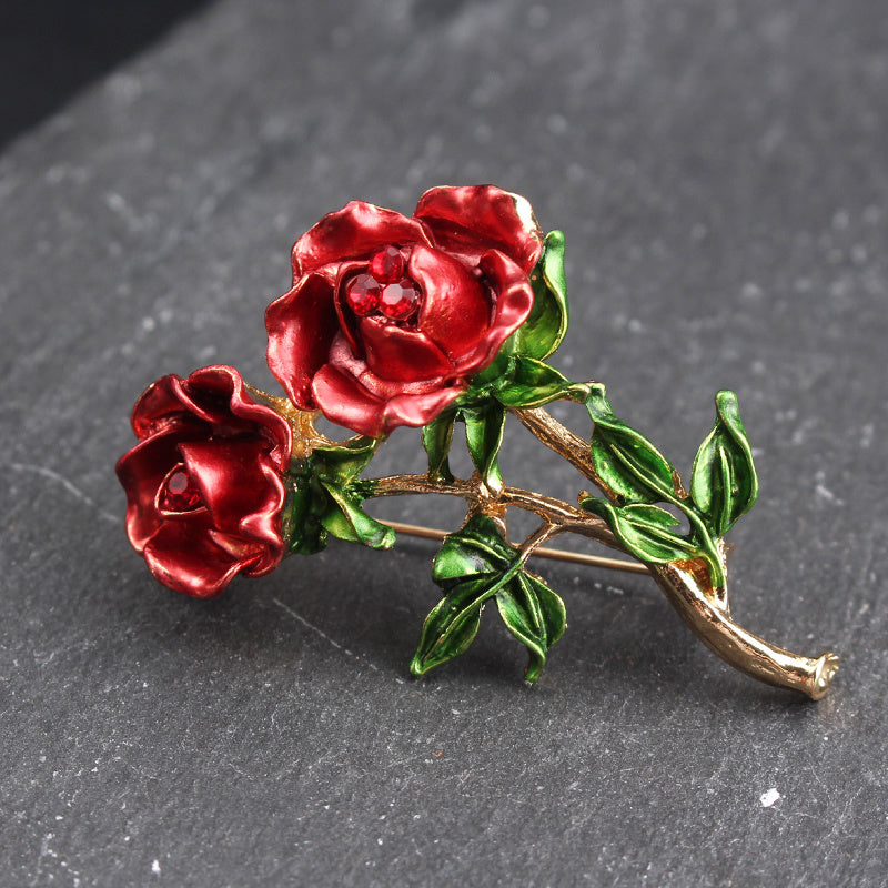 Retro Rose Brooch with Rhinestones and Enamel, Elegant Jewelry Accessory