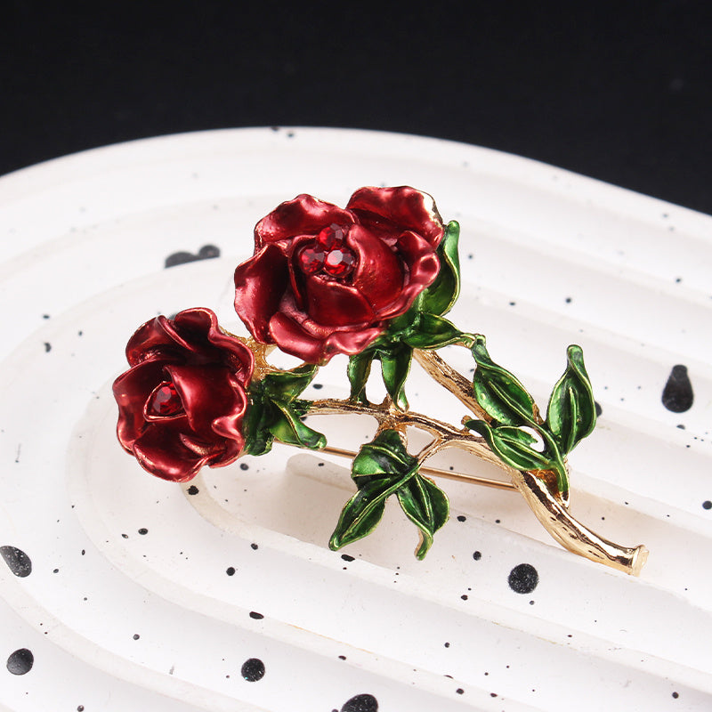 Retro Rose Brooch with Rhinestones and Enamel, Elegant Jewelry Accessory