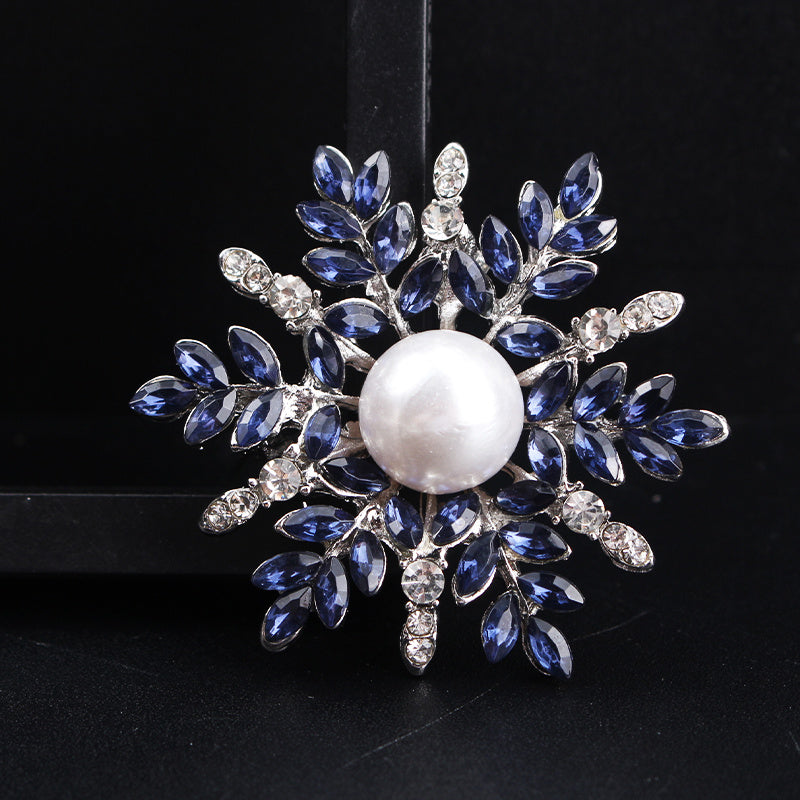 Snowflake Brooch with Rhinestone Petals and Pearl Center for Elegant Outfits