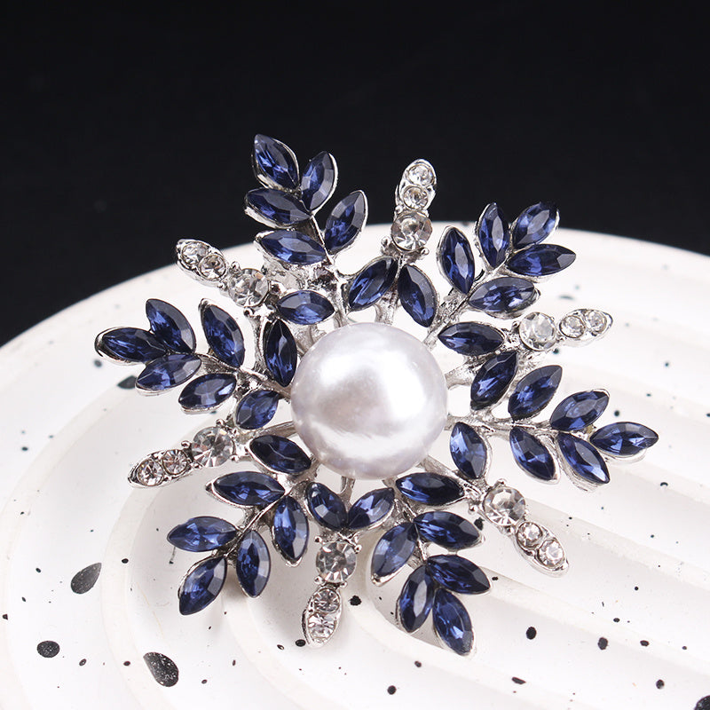 Snowflake Brooch with Rhinestone Petals and Pearl Center for Elegant Outfits